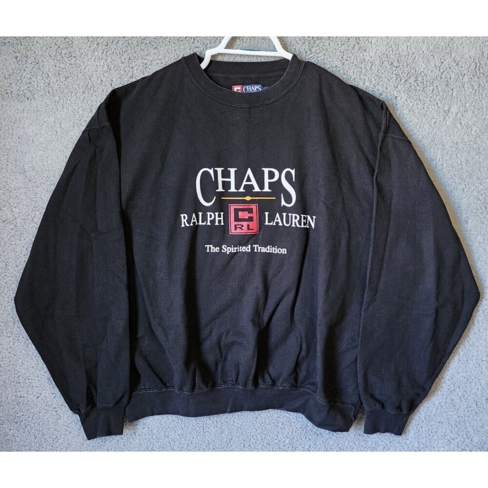 VTG Chaps Ralph Lauren Black Spellout Logo Graphic Crew Neck Sweatshirt Size XXL